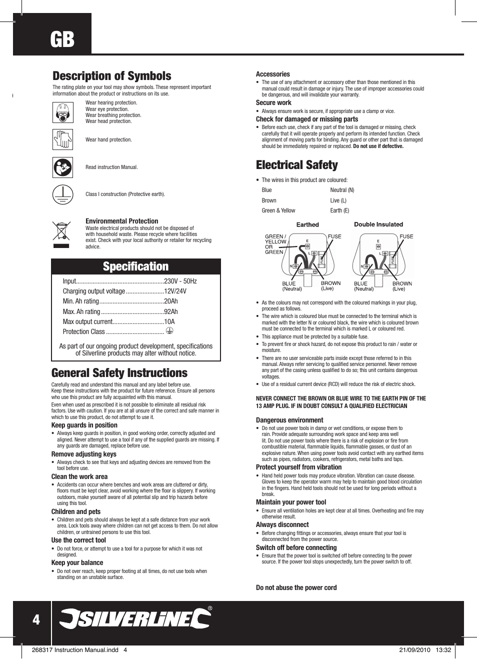 Specification, General safety instructions, Electrical safety | Description of symbols | Silverline Battery Charger 12/24V User Manual | Page 5 / 28