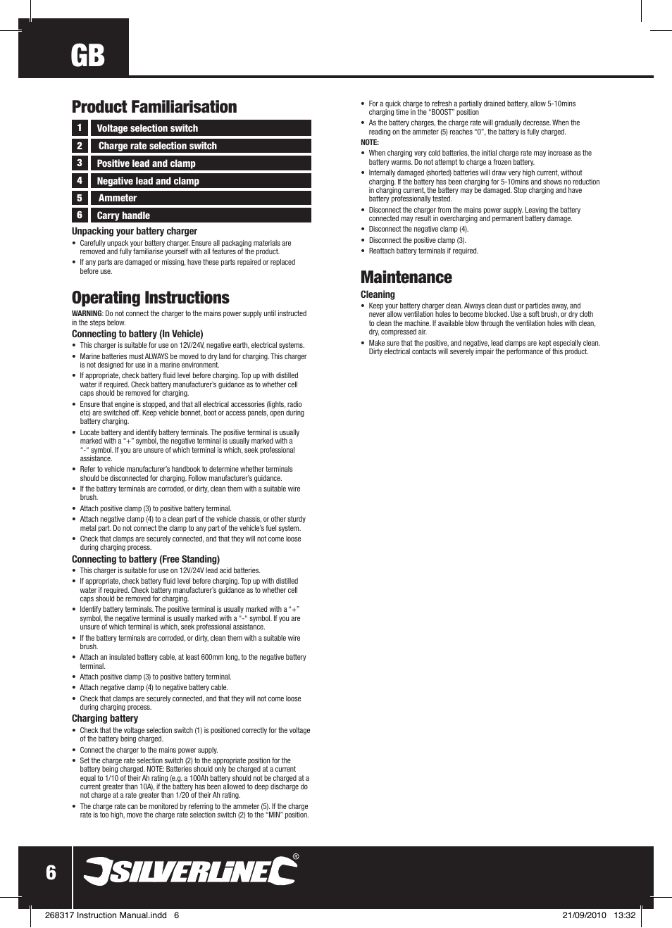 Product familiarisation, Operating instructions, Maintenance | Silverline Battery Charger 12/24V User Manual | Page 7 / 28