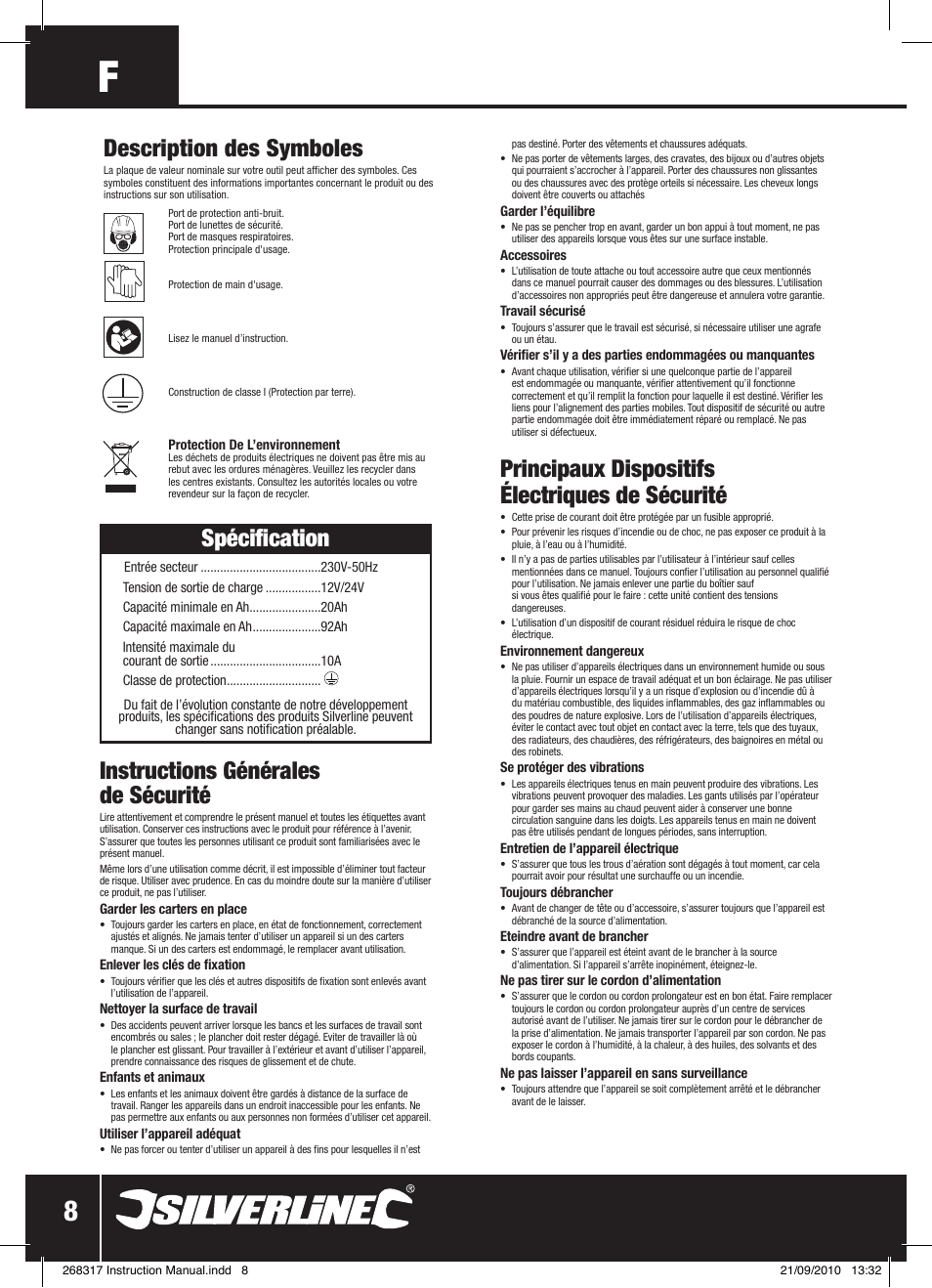 Spécification, Instructions générales de sécurité, Principaux dispositifs électriques de sécurité | Description des symboles | Silverline Battery Charger 12/24V User Manual | Page 9 / 28