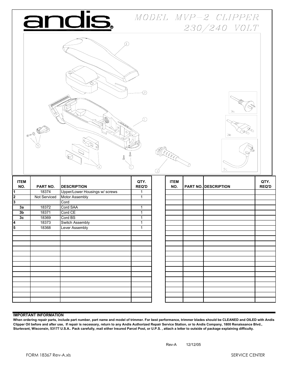 Andis Company MVP-2 User Manual | 1 page