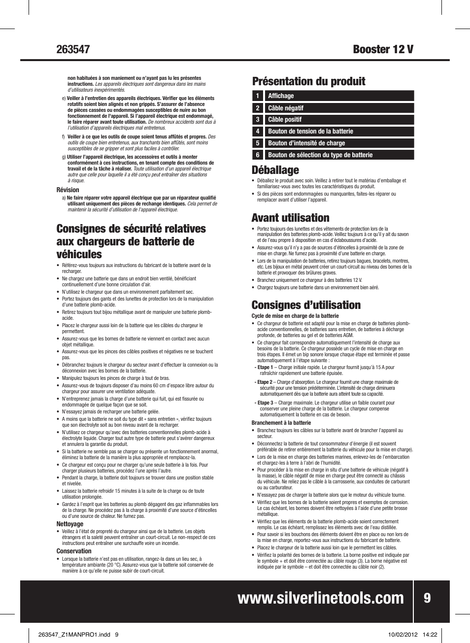 Déballage, Avant utilisation, Consignes d’utilisation | Présentation du produit | Silverline Smart Charger 12V 15A User Manual | Page 10 / 28