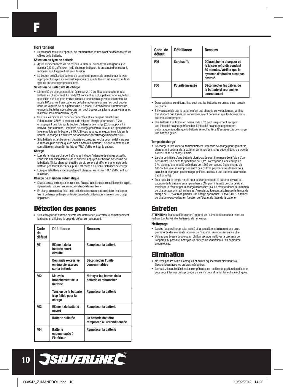 Détection des pannes, Entretien, Elimination | Silverline Smart Charger 12V 15A User Manual | Page 11 / 28