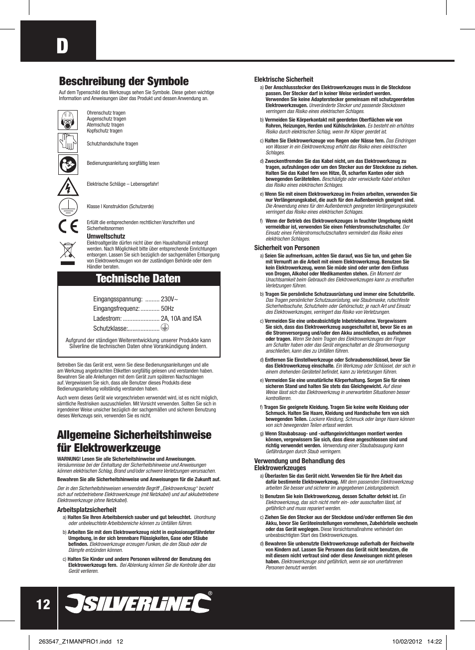 Technische daten, Beschreibung der symbole | Silverline Smart Charger 12V 15A User Manual | Page 13 / 28