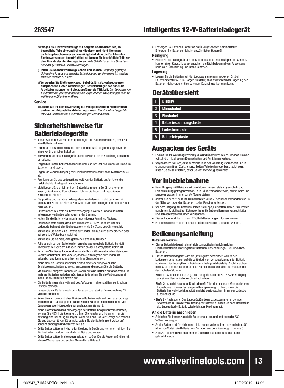 Auspacken des geräts, Vor inbetriebnahme, Bedienungsanleitung | Sicherheitshinweise für batterieladegeräte, Geräteübersicht | Silverline Smart Charger 12V 15A User Manual | Page 14 / 28