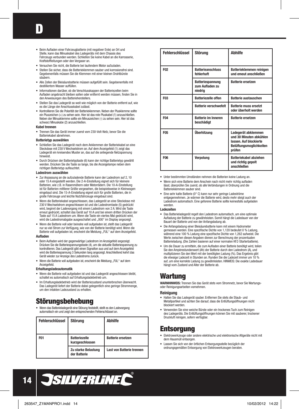 Störungsbehebung, Wartung, Entsorgung | Silverline Smart Charger 12V 15A User Manual | Page 15 / 28