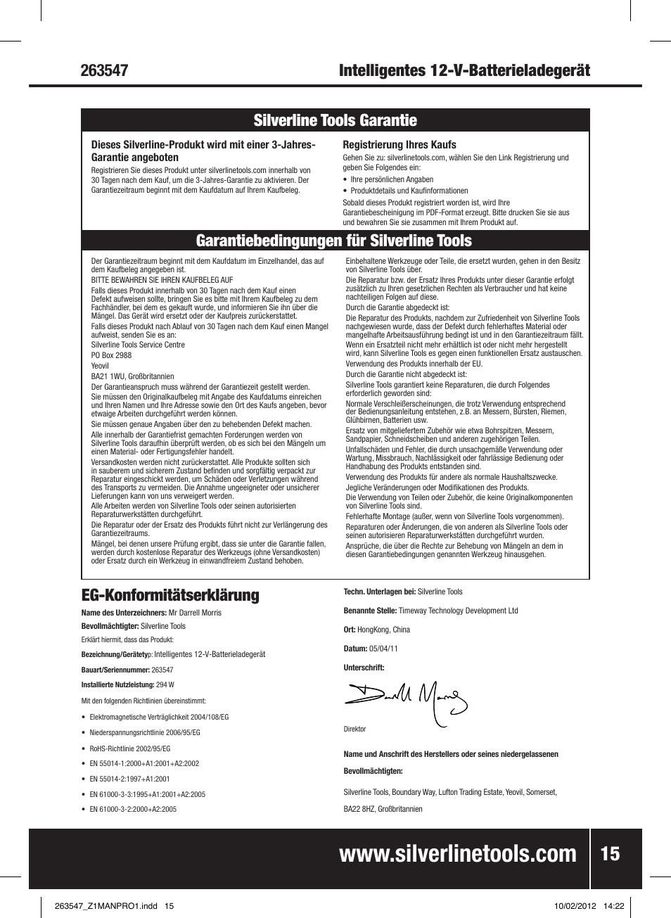 Eg-konformitätserklärung | Silverline Smart Charger 12V 15A User Manual | Page 16 / 28