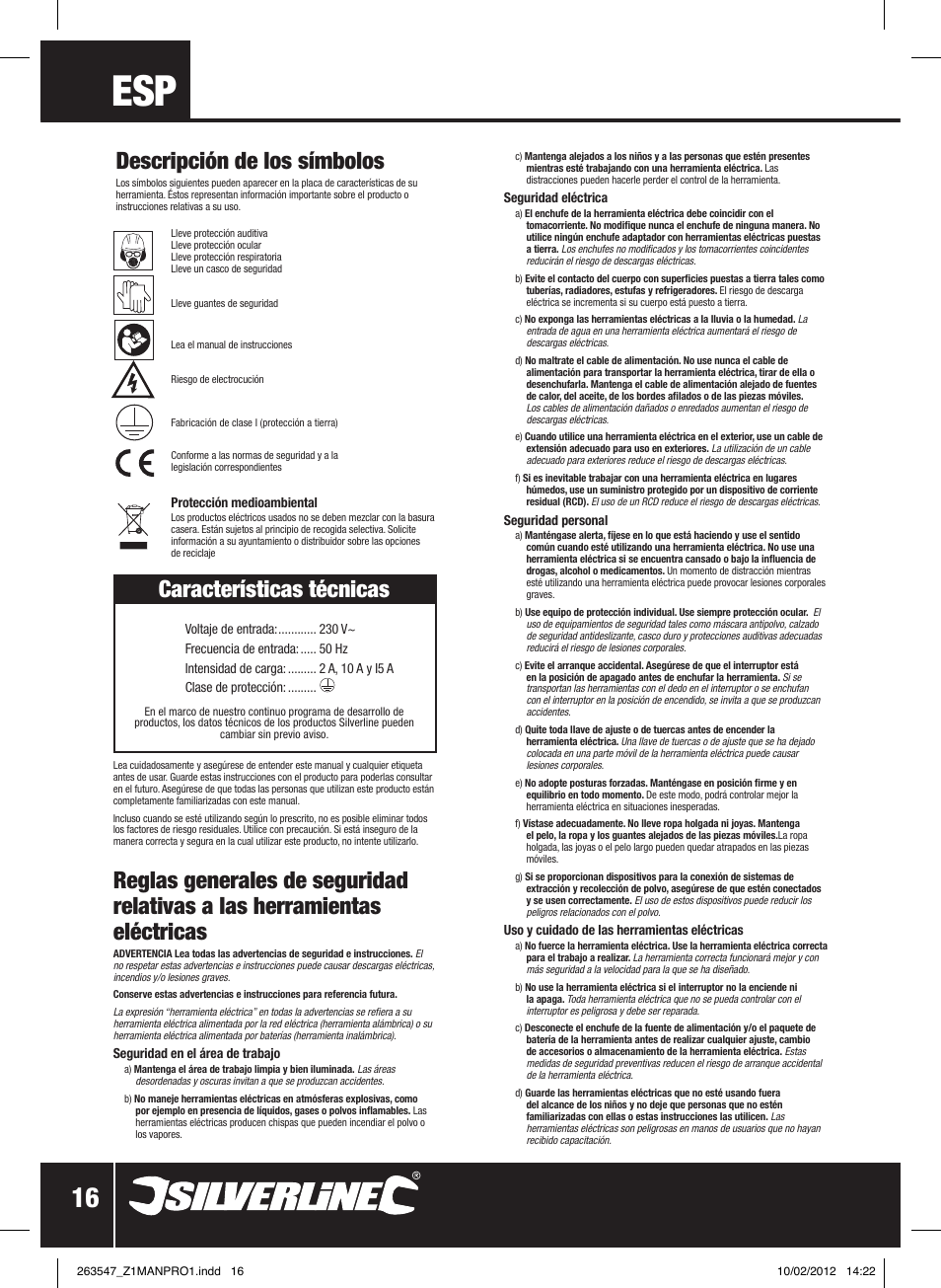 Características técnicas, Descripción de los símbolos | Silverline Smart Charger 12V 15A User Manual | Page 17 / 28