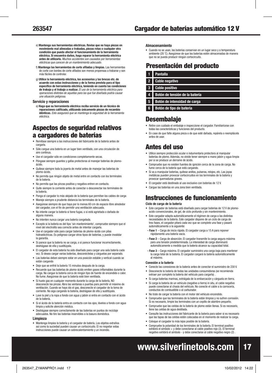 Desembalaje, Antes del uso, Instrucciones de funcionamiento | Presentación del producto | Silverline Smart Charger 12V 15A User Manual | Page 18 / 28