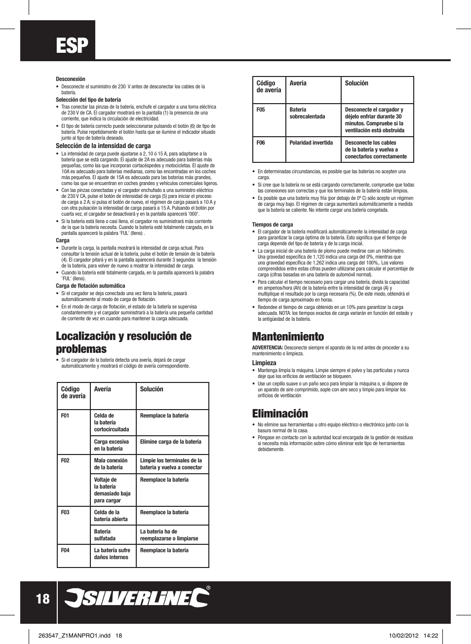 Mantenimiento, Eliminación, Localización y resolución de problemas | Silverline Smart Charger 12V 15A User Manual | Page 19 / 28