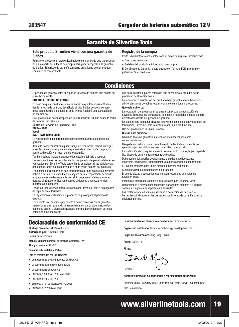 Declaración de conformidad ce | Silverline Smart Charger 12V 15A User Manual | Page 20 / 28