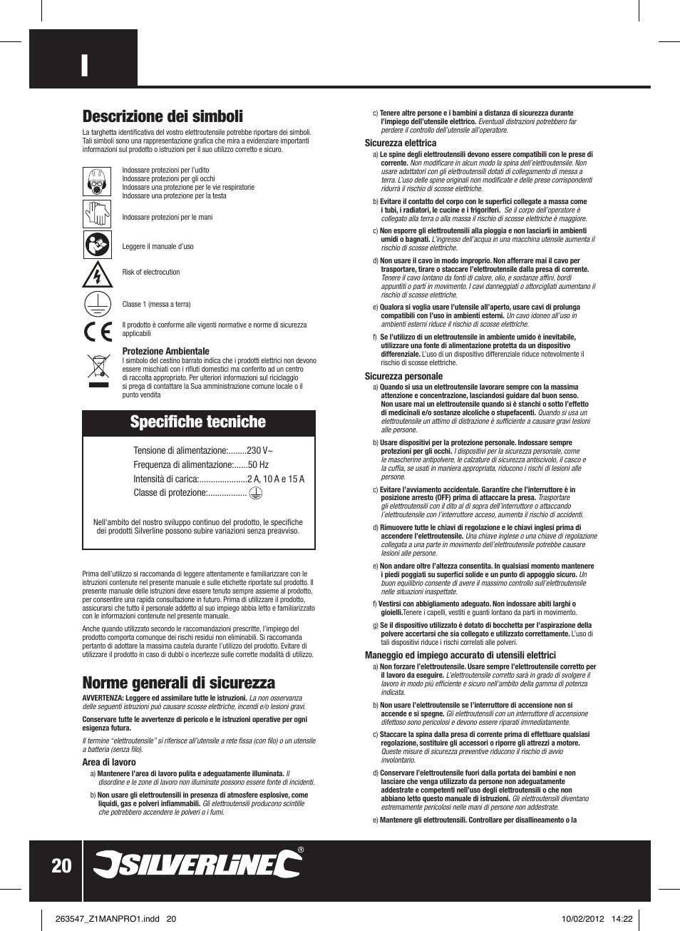 Norme generali di sicurezza, Specifiche tecniche, Descrizione dei simboli | Silverline Smart Charger 12V 15A User Manual | Page 21 / 28