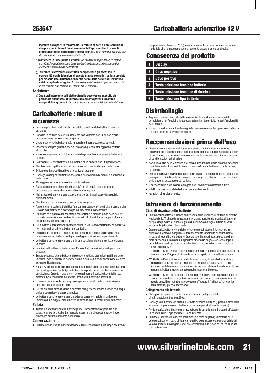 Disimballagio, Raccomandazioni prima dell’uso, Istruzioni di funzionamento | Caricabatterie : misure di sicurezza, Conoscenza del prodotto | Silverline Smart Charger 12V 15A User Manual | Page 22 / 28