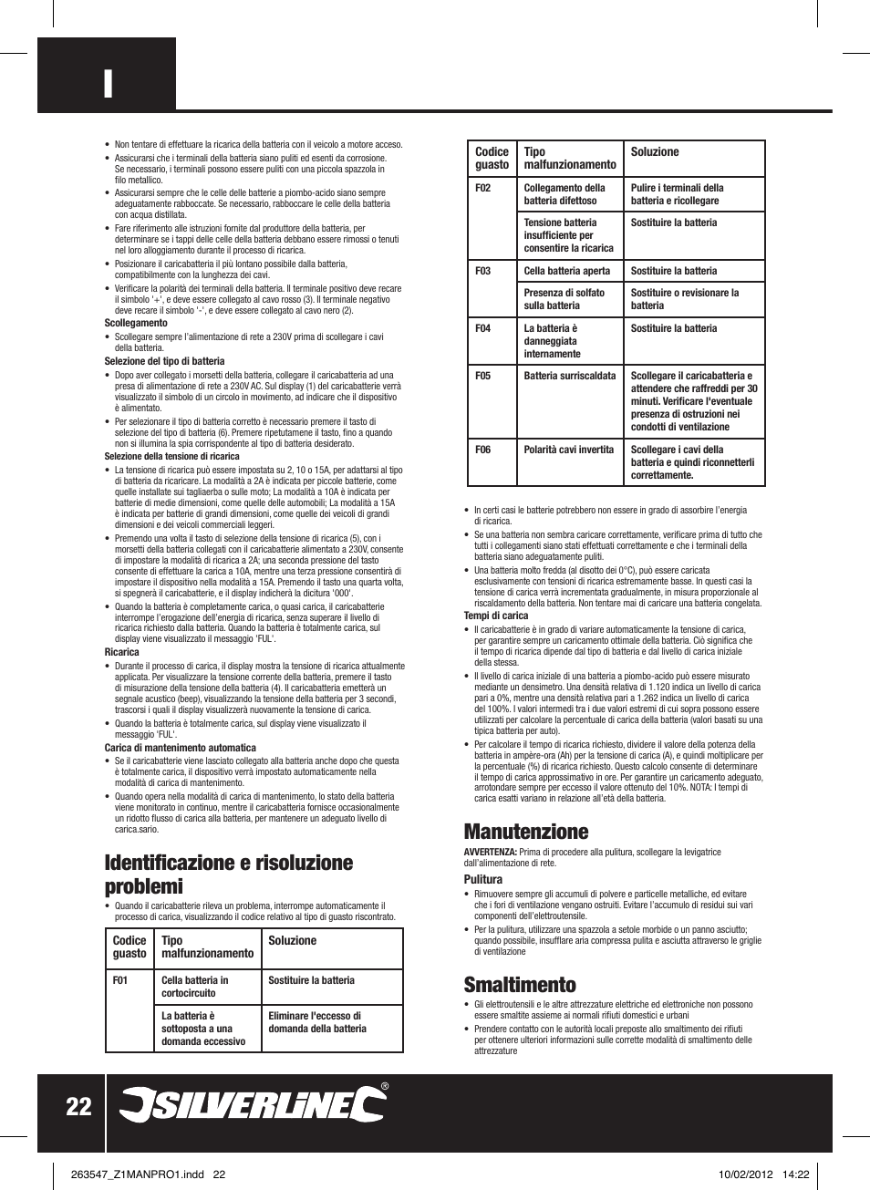 Identificazione e risoluzione problemi, Manutenzione, Smaltimento | Silverline Smart Charger 12V 15A User Manual | Page 23 / 28