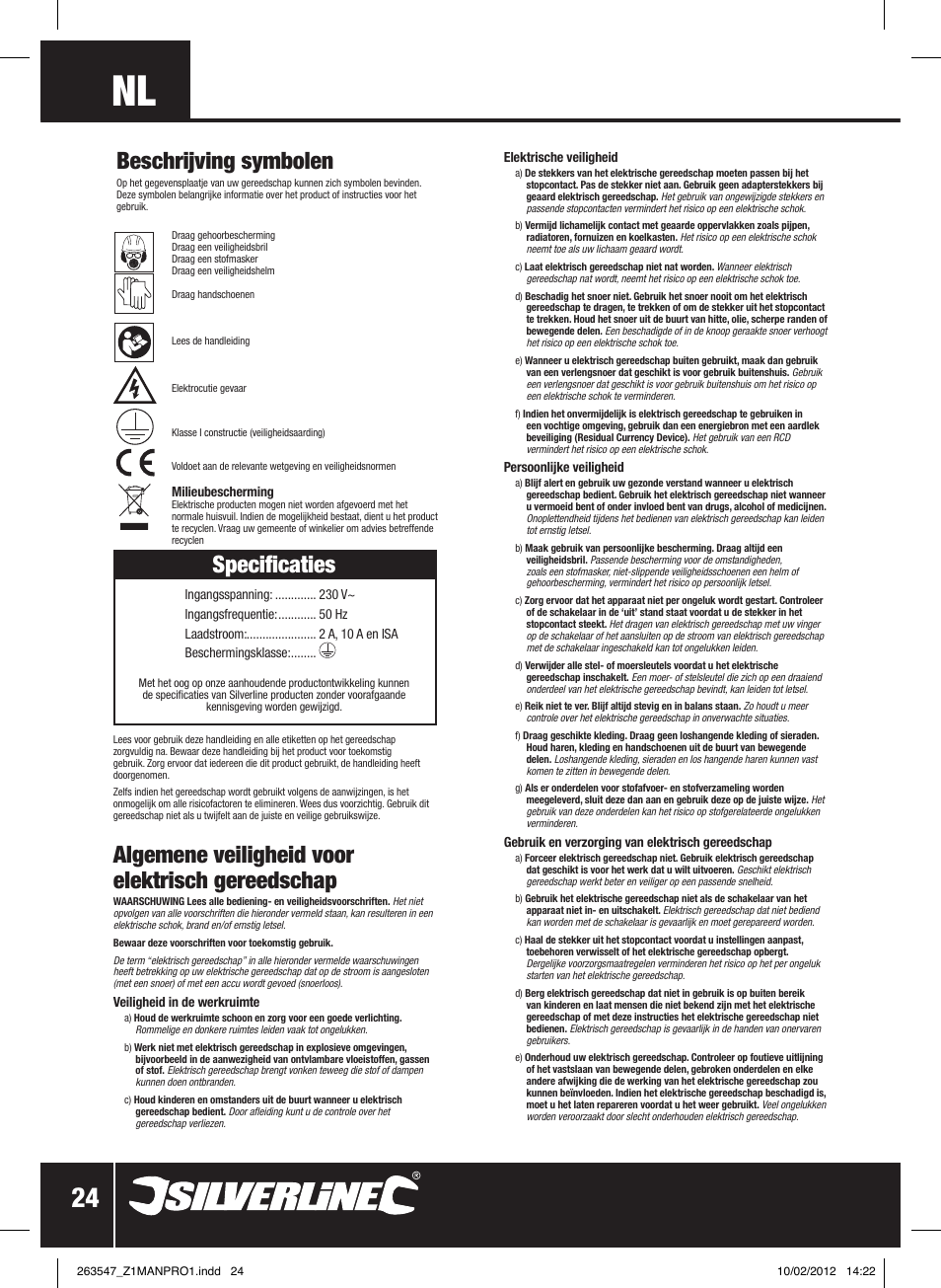 Algemene veiligheid voor elektrisch gereedschap, Specificaties, Beschrijving symbolen | Silverline Smart Charger 12V 15A User Manual | Page 25 / 28