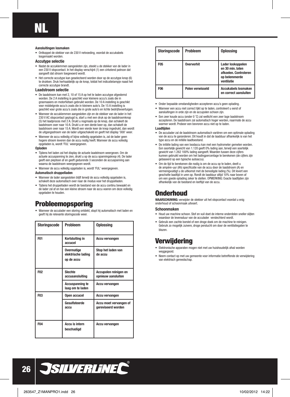 Probleemopsporing, Onderhoud, Verwijdering | Silverline Smart Charger 12V 15A User Manual | Page 27 / 28