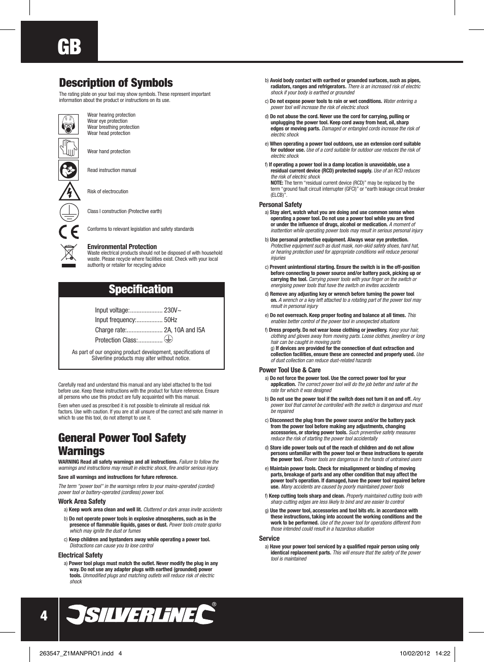 General power tool safety warnings, Specification, Description of symbols | Silverline Smart Charger 12V 15A User Manual | Page 5 / 28