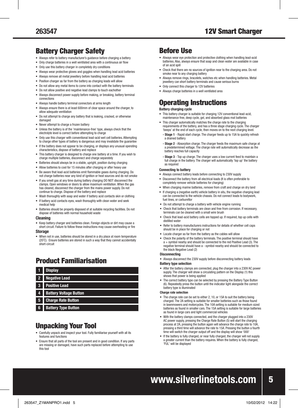 Before use, Operating instructions, Battery charger safety | Unpacking your tool, Product familiarisation | Silverline Smart Charger 12V 15A User Manual | Page 6 / 28