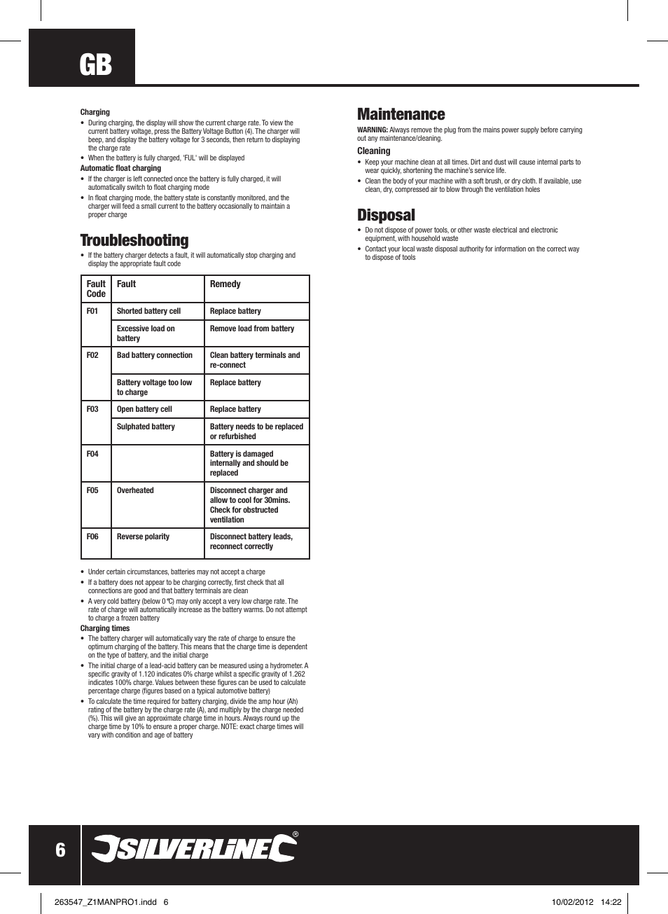 Troubleshooting, Maintenance, Disposal | Silverline Smart Charger 12V 15A User Manual | Page 7 / 28