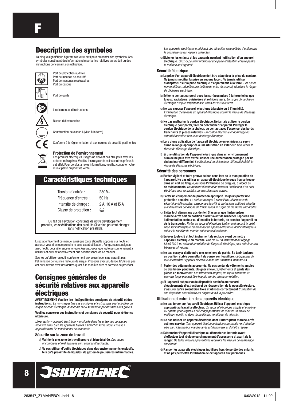 Caractéristiques techniques, Description des symboles | Silverline Smart Charger 12V 15A User Manual | Page 9 / 28