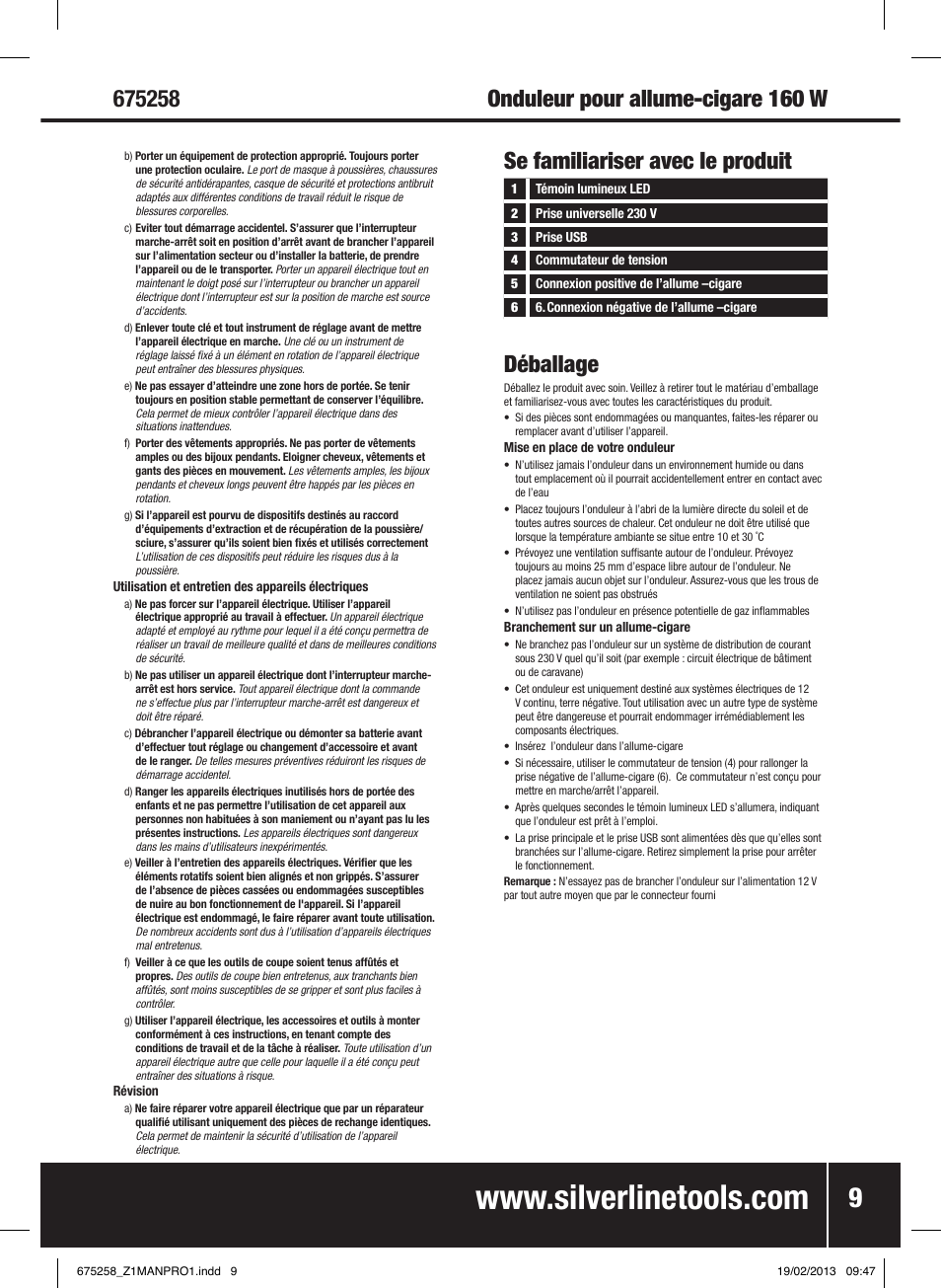 Déballage, Se familiariser avec le produit | Silverline In-Car Inverter 160W User Manual | Page 10 / 28