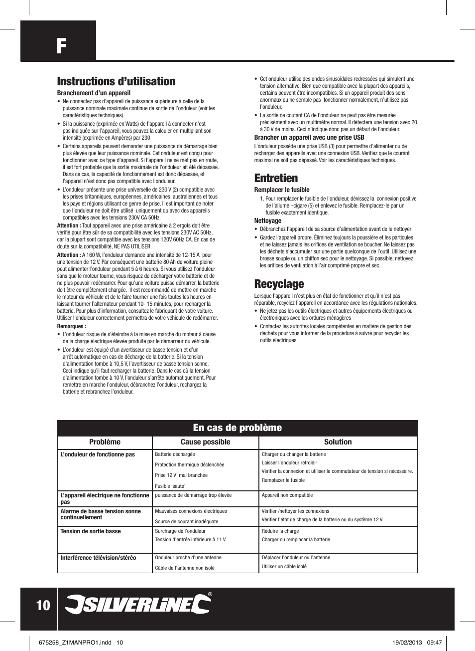 Instructions d’utilisation, Entretien, Recyclage | En cas de problème | Silverline In-Car Inverter 160W User Manual | Page 11 / 28