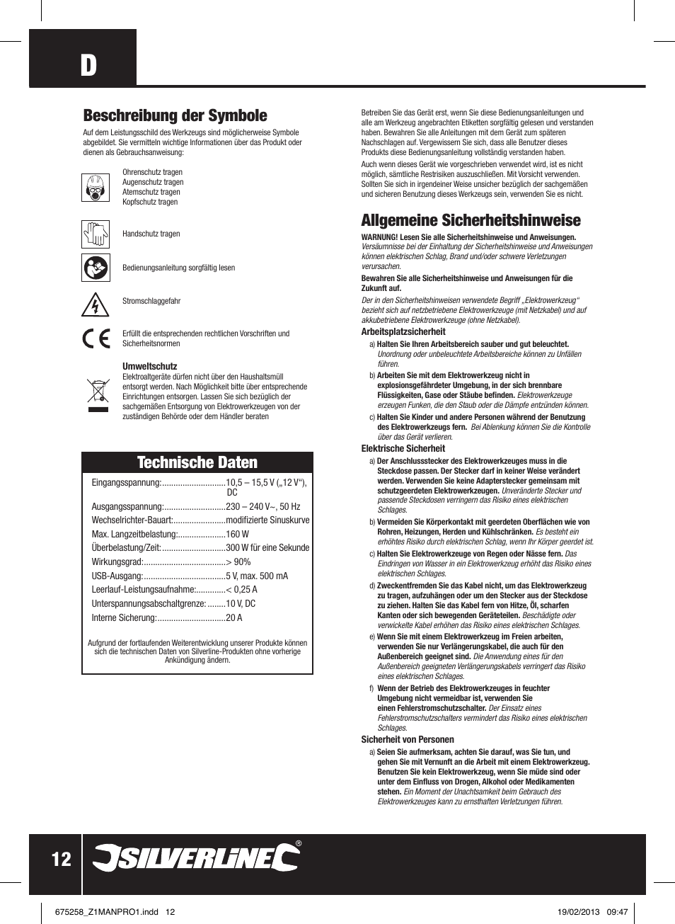 Allgemeine sicherheitshinweise, Technische daten, Beschreibung der symbole | Silverline In-Car Inverter 160W User Manual | Page 13 / 28