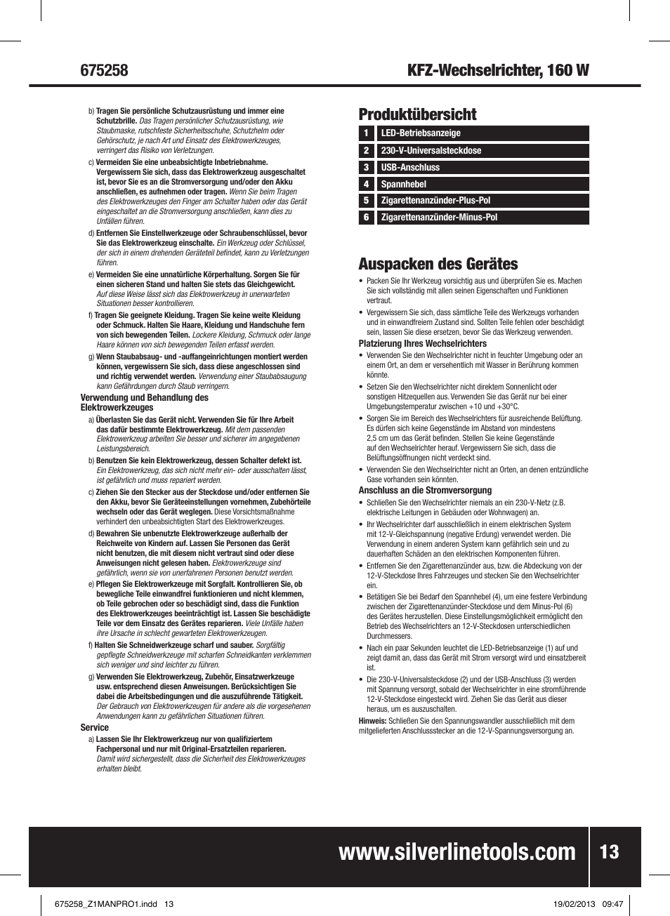 Produktübersicht, Auspacken des gerätes | Silverline In-Car Inverter 160W User Manual | Page 14 / 28