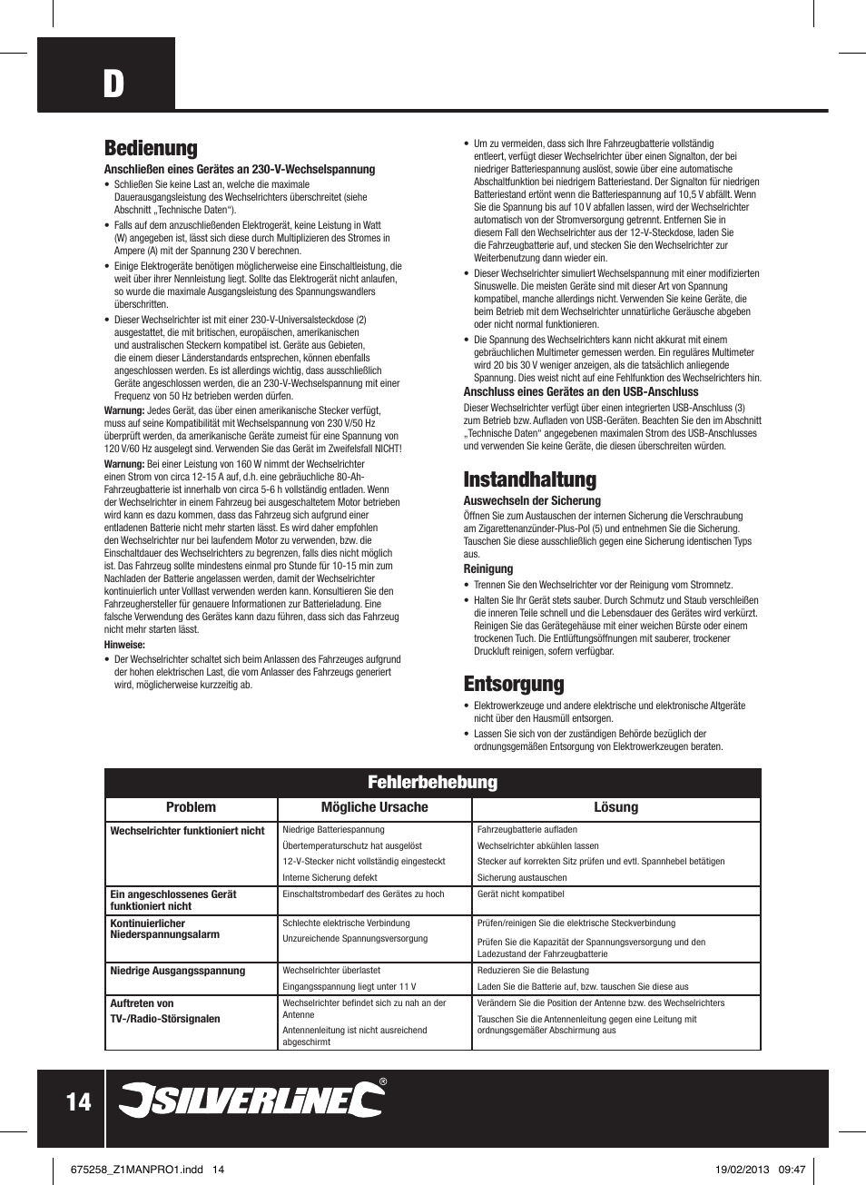 Instandhaltung, Entsorgung, Bedienung | Fehlerbehebung | Silverline In-Car Inverter 160W User Manual | Page 15 / 28