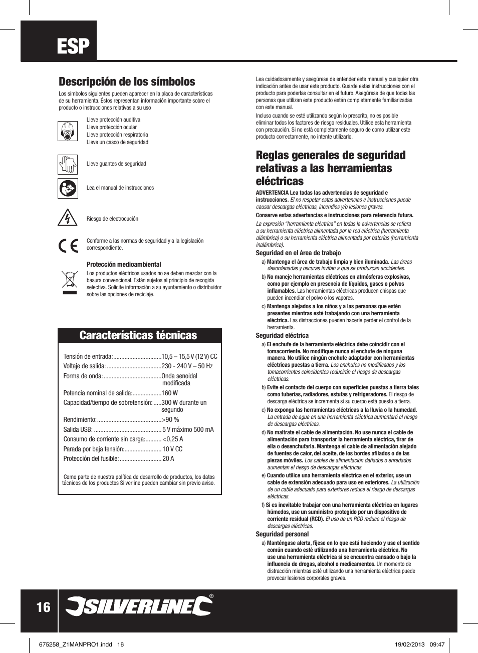 Características técnicas, Descripción de los símbolos | Silverline In-Car Inverter 160W User Manual | Page 17 / 28