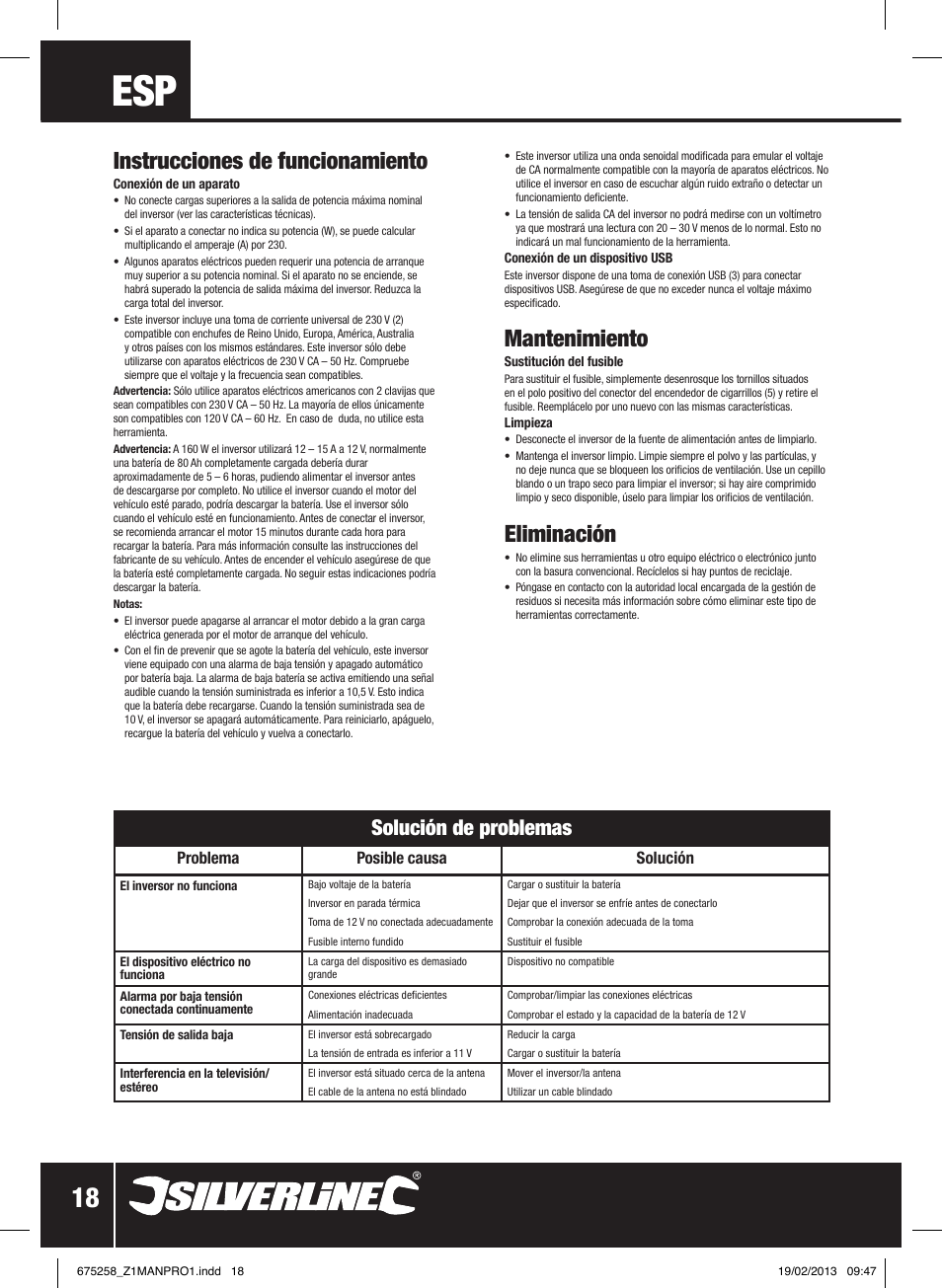 Mantenimiento, Eliminación, Instrucciones de funcionamiento | Solución de problemas, Problema posible causa solución | Silverline In-Car Inverter 160W User Manual | Page 19 / 28