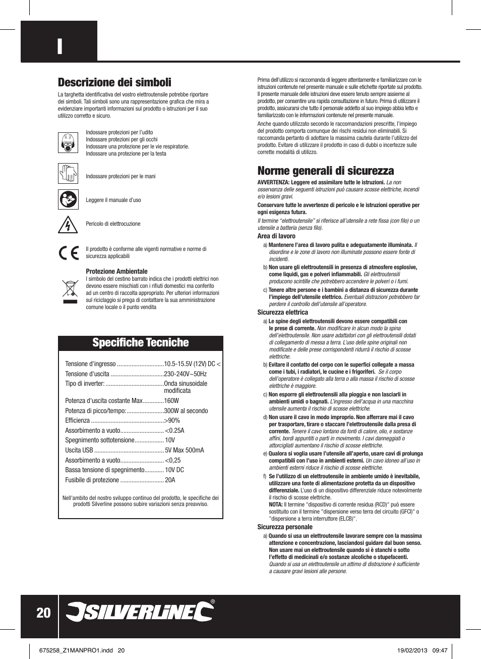 Norme generali di sicurezza, Specifiche tecniche, Descrizione dei simboli | Silverline In-Car Inverter 160W User Manual | Page 21 / 28
