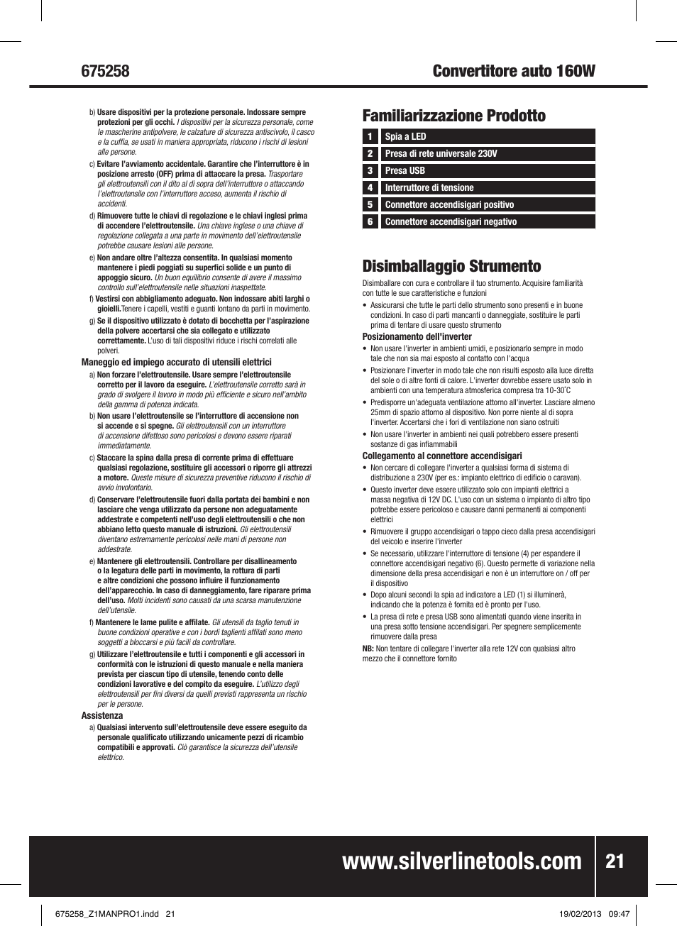 Disimballaggio strumento, Familiarizzazione prodotto | Silverline In-Car Inverter 160W User Manual | Page 22 / 28