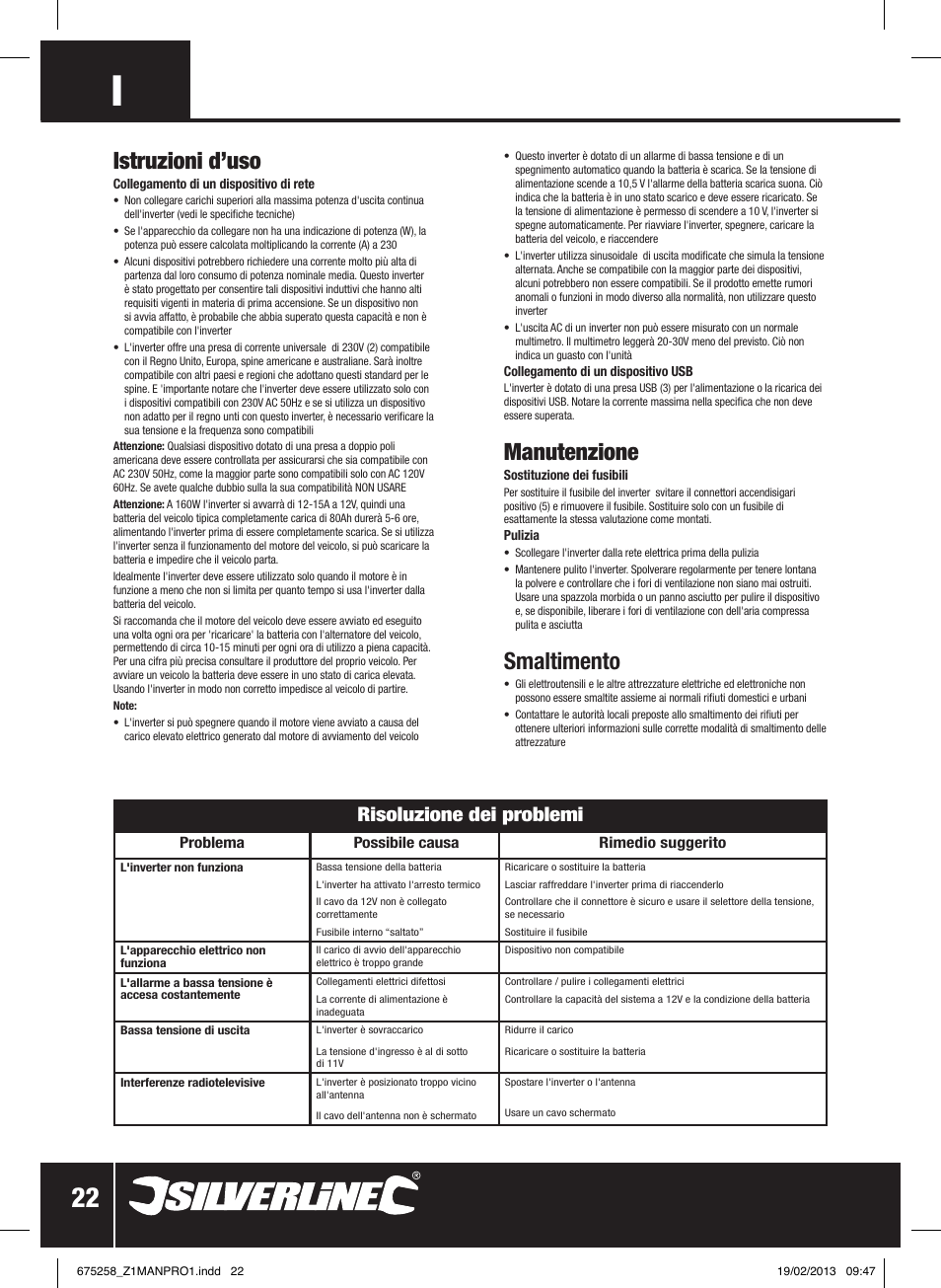 Istruzioni d’uso, Manutenzione, Smaltimento | Risoluzione dei problemi | Silverline In-Car Inverter 160W User Manual | Page 23 / 28