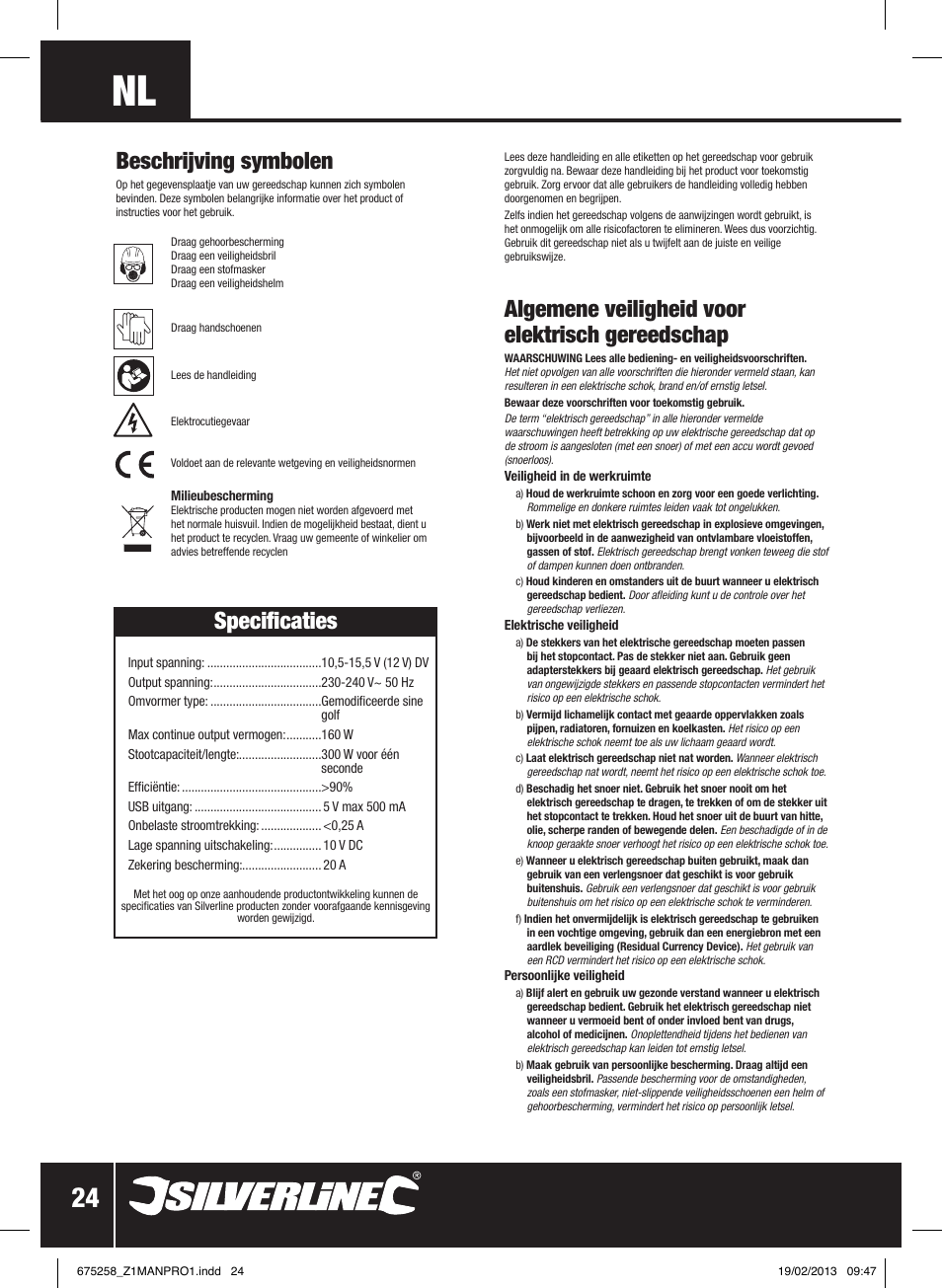 Algemene veiligheid voor elektrisch gereedschap, Specificaties, Beschrijving symbolen | Silverline In-Car Inverter 160W User Manual | Page 25 / 28