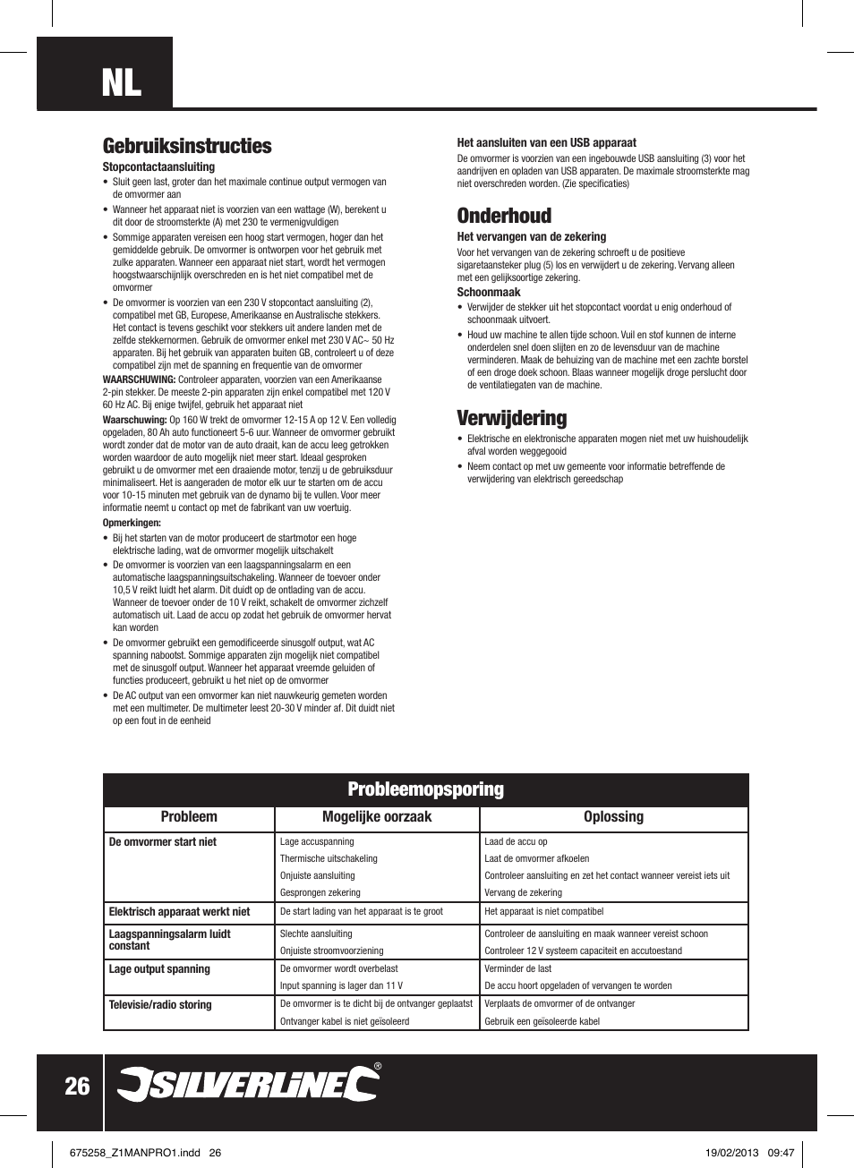 Gebruiksinstructies, Onderhoud, Verwijdering | Probleemopsporing, Probleem mogelijke oorzaak oplossing | Silverline In-Car Inverter 160W User Manual | Page 27 / 28