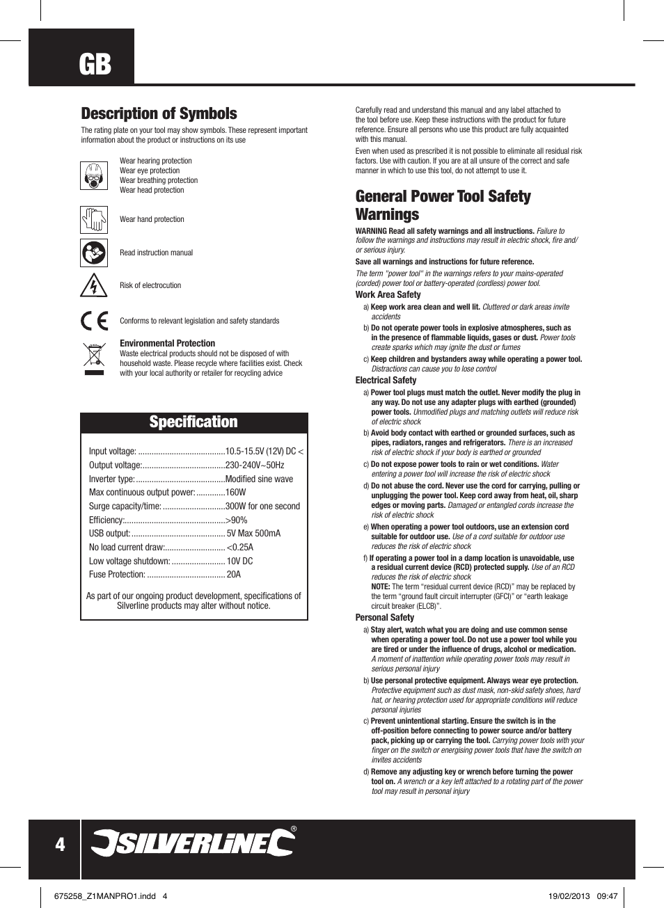 Specification, General power tool safety warnings, Description of symbols | Silverline In-Car Inverter 160W User Manual | Page 5 / 28