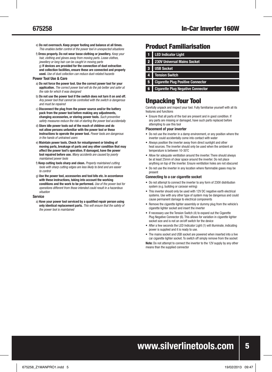In-car inverter 160w, Product familiarisation unpacking your tool | Silverline In-Car Inverter 160W User Manual | Page 6 / 28
