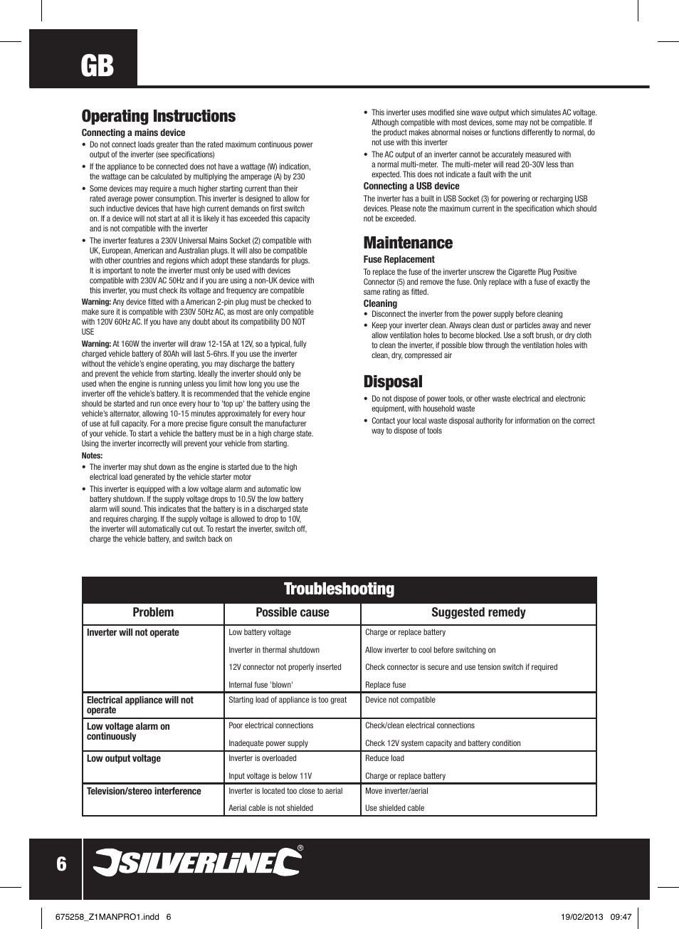Operating instructions, Troubleshooting, Maintenance | Disposal, Problem possible cause suggested remedy | Silverline In-Car Inverter 160W User Manual | Page 7 / 28