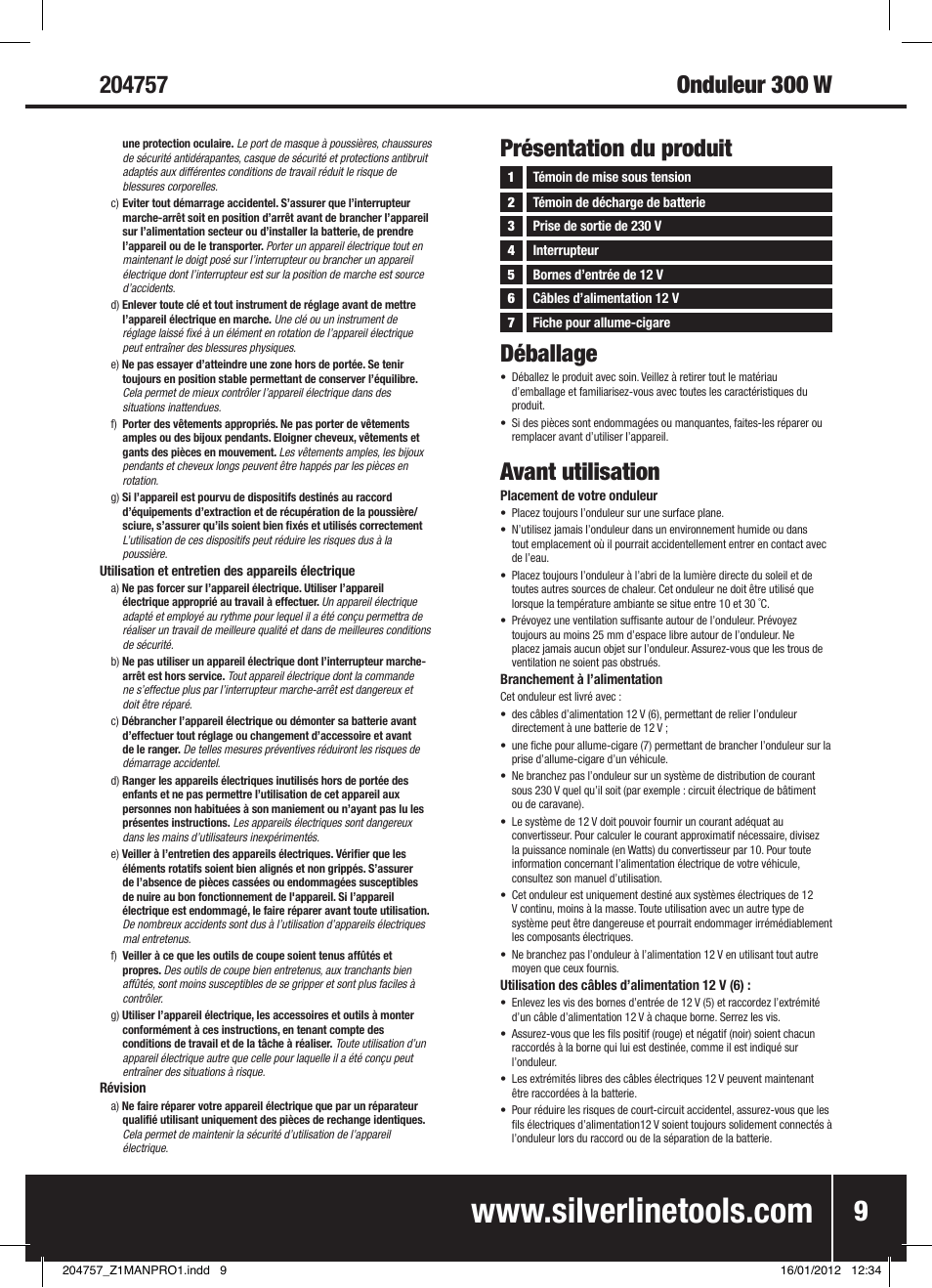 Déballage, Avant utilisation, Présentation du produit | Silverline Inverter 300W User Manual | Page 10 / 28