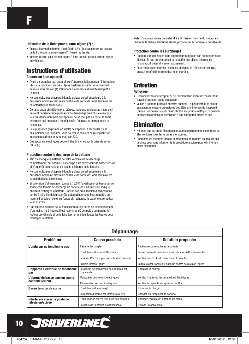 Instructions d’utilisation, Entretien, Elimination | Dépannage | Silverline Inverter 300W User Manual | Page 11 / 28