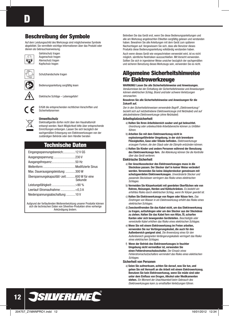 Technische daten, Beschreibung der symbole | Silverline Inverter 300W User Manual | Page 13 / 28