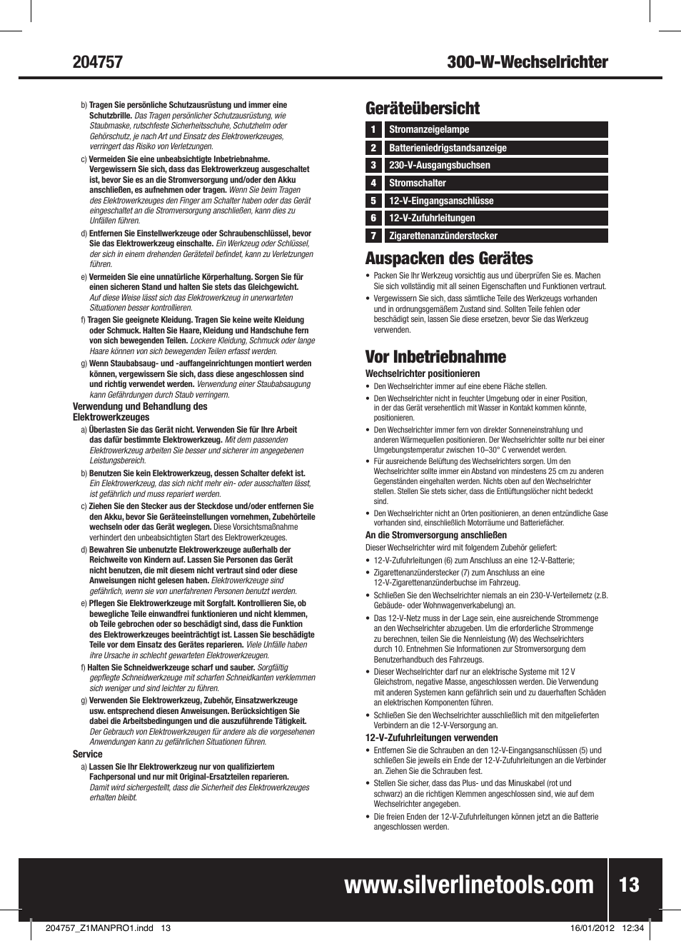 Auspacken des gerätes, Vor inbetriebnahme, Geräteübersicht | Silverline Inverter 300W User Manual | Page 14 / 28