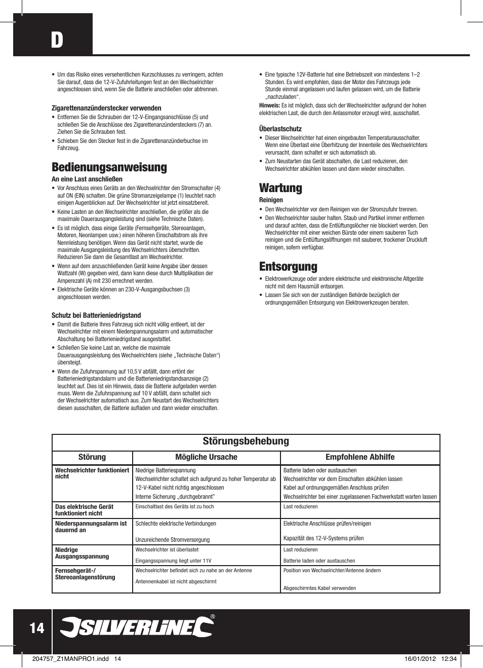 Wartung, Entsorgung, Bedienungsanweisung | Störungsbehebung | Silverline Inverter 300W User Manual | Page 15 / 28