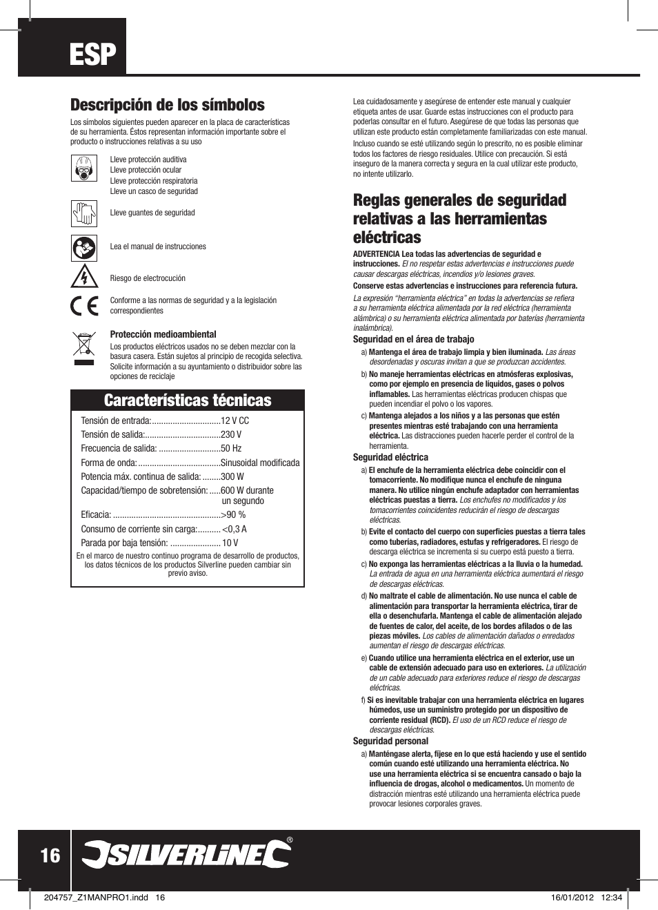 Características técnicas, Descripción de los símbolos | Silverline Inverter 300W User Manual | Page 17 / 28