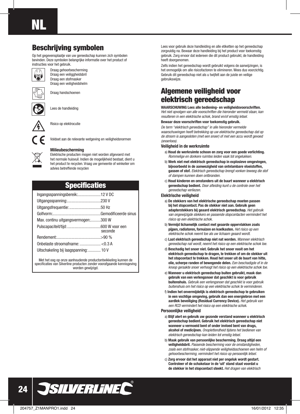 Algemene veiligheid voor elektrisch gereedschap, Specificaties, Beschrijving symbolen | Silverline Inverter 300W User Manual | Page 25 / 28