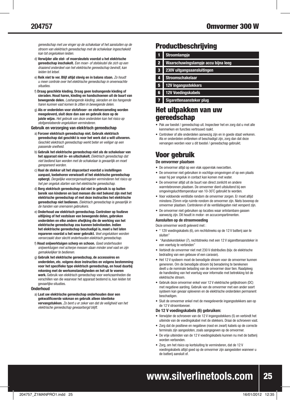 Het uitpakken van uw gereedschap, Voor gebruik, Productbeschrijving | Silverline Inverter 300W User Manual | Page 26 / 28