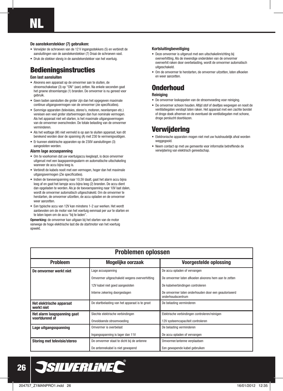 Bedieningsinstructies, Onderhoud, Verwijdering | Problemen oplossen, Probleem mogelijke oorzaak voorgestelde oplossing | Silverline Inverter 300W User Manual | Page 27 / 28