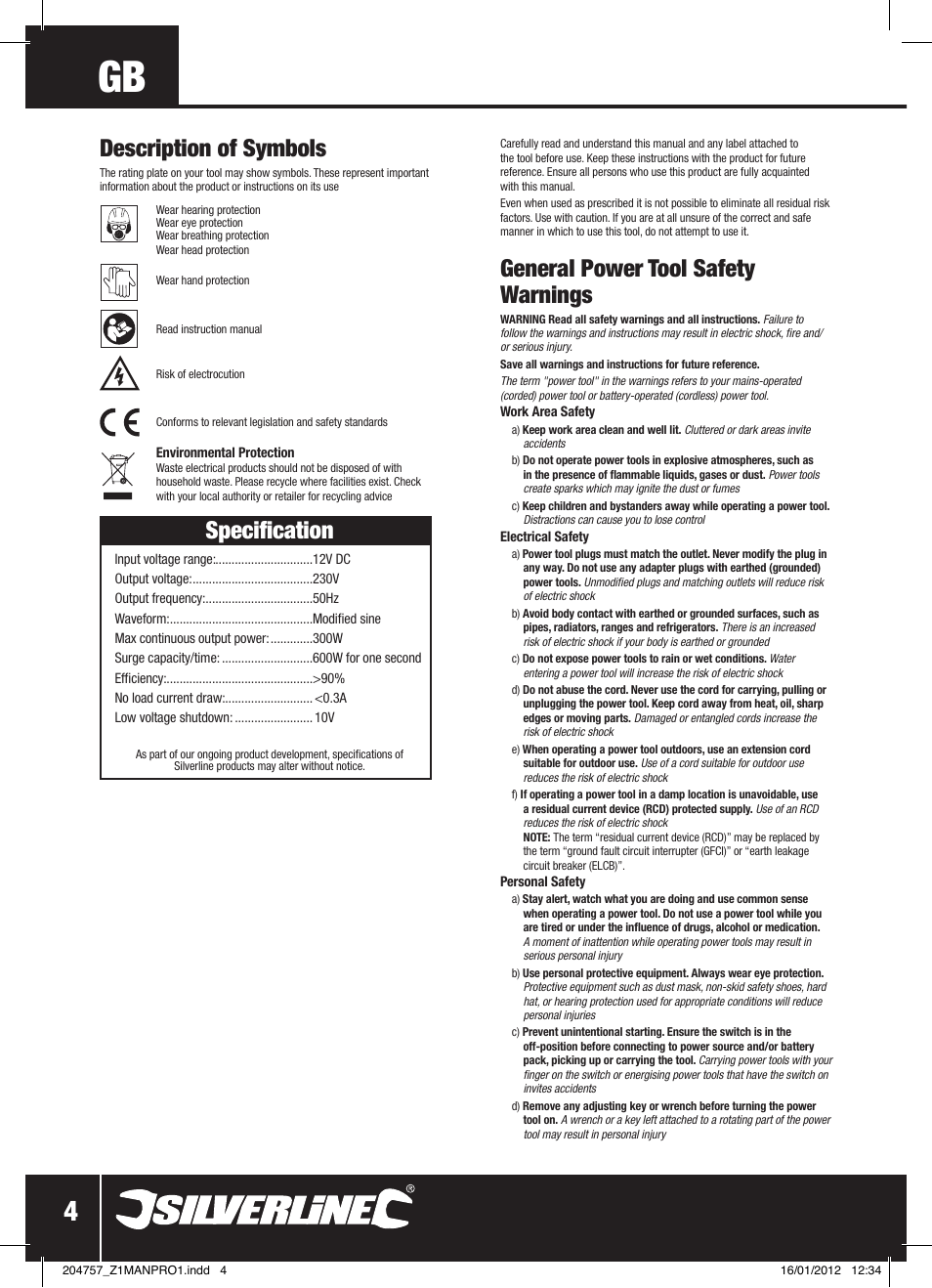 General power tool safety warnings, Specification, Description of symbols | Silverline Inverter 300W User Manual | Page 5 / 28