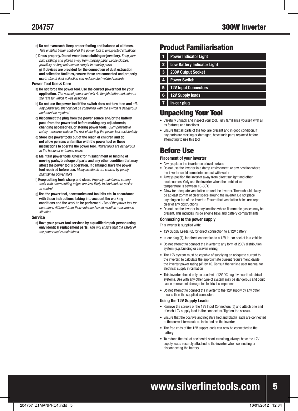 300w inverter unpacking your tool, Before use, Product familiarisation | Silverline Inverter 300W User Manual | Page 6 / 28