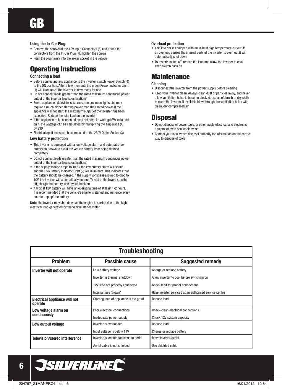 Operating instructions, Maintenance, Disposal | Troubleshooting, Problem possible cause suggested remedy | Silverline Inverter 300W User Manual | Page 7 / 28